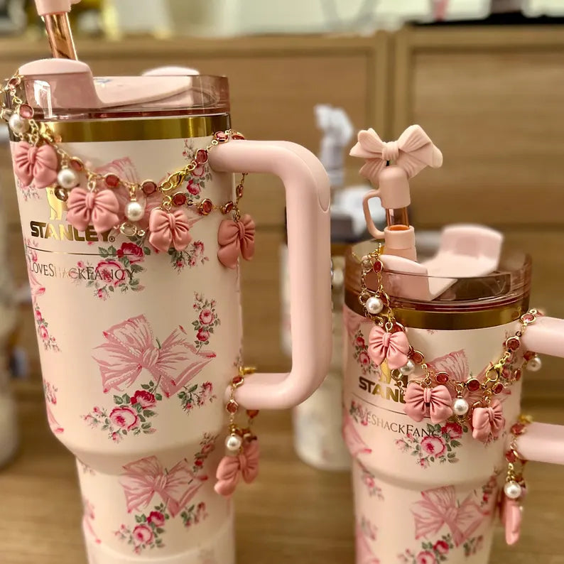 Rosa Charms | Tumbler Cup Bling Set | Beautiful and Elegant Straw to Handle Charm or Cup Handle Charm | Blue Pink Bow, Rose Flower Gem Pearl