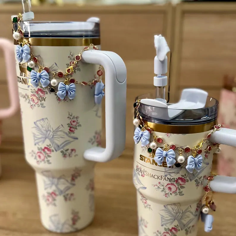 Rosa Charms | Tumbler Cup Bling Set | Beautiful and Elegant Straw to Handle Charm or Cup Handle Charm | Blue Pink Bow, Rose Flower Gem Pearl